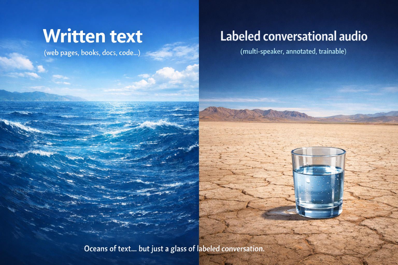 On the left, a vast blue ocean labeled Written Text; on the right, a single glass of water labeled Labeled Conversational Audio.