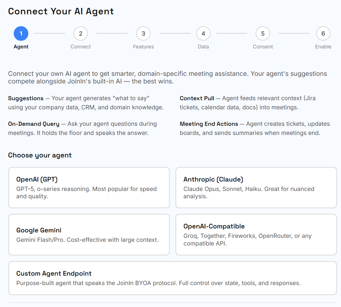 BYOA agent configuration wizard with provider selection and trigger presets