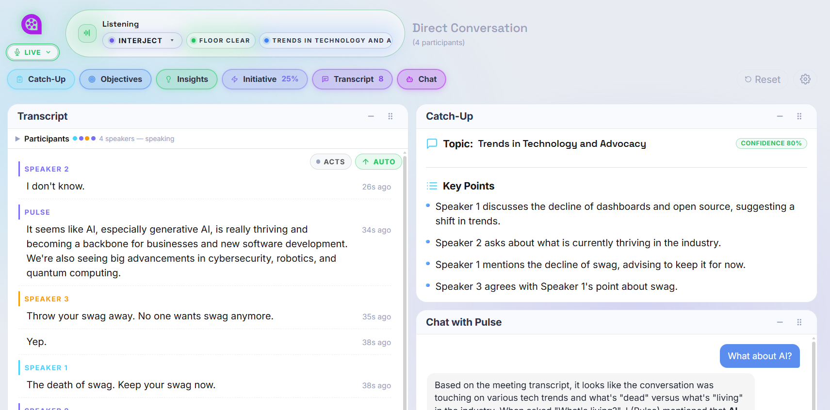 Pulse live in a four-person conversation — topic detection with confidence, catch-up key points, speaker-attributed transcript, and chat